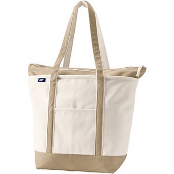 Lands' End Natural Zip Top Long Handle Large Canvas Tote Bag