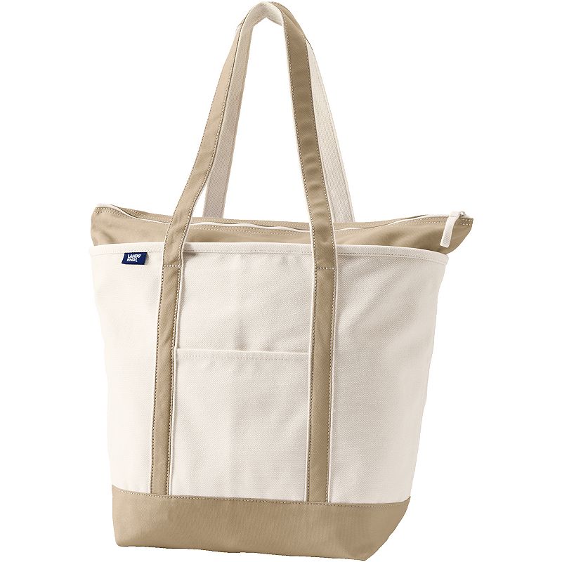 Lands' End Natural Zip Top Long Handle Large Canvas Tote Bag, Natural Brown Root