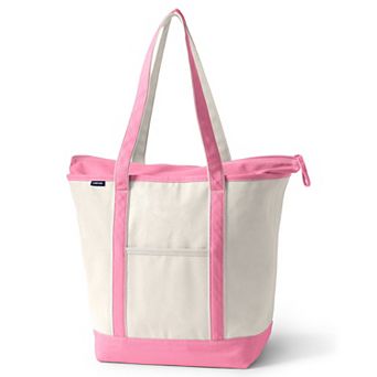 Lands' End Natural Zip Top Long Handle Large Canvas Tote Bag