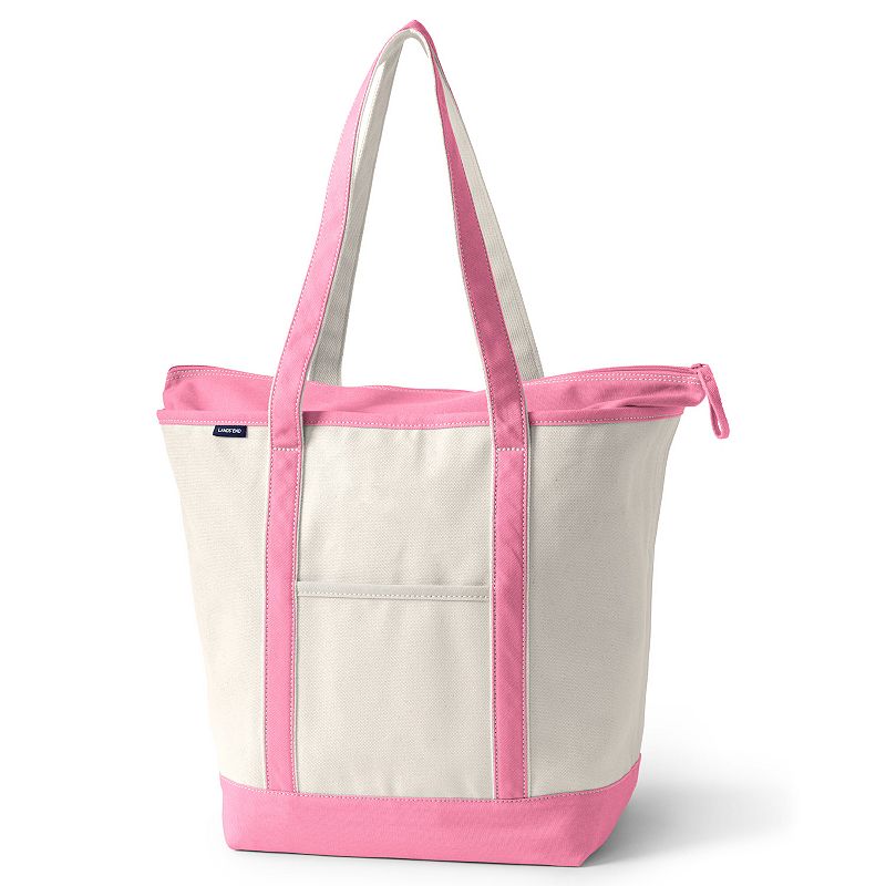 Lands' End Natural Zip Top Long Handle Large Canvas Tote Bag, Natural Fresh Pink