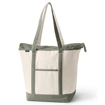 Lands' End Natural Zip Top Long Handle Large Canvas Tote Bag
