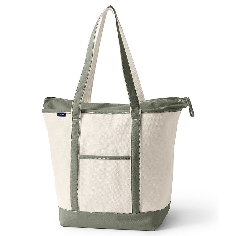 Lands' End Natural Zip Top Long Handle Large Canvas Tote Bag, Natural Olive Green