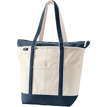 Lands' End Natural Zip Top Long Handle Large Canvas Tote Bag