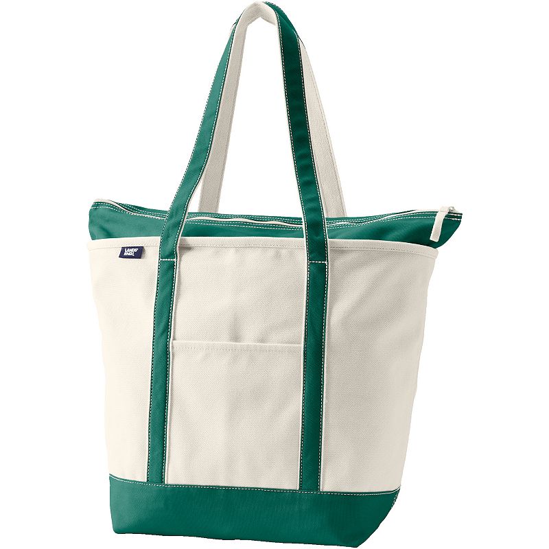 Lands' End Natural Zip Top Long Handle Large Canvas Tote Bag, Natural Green