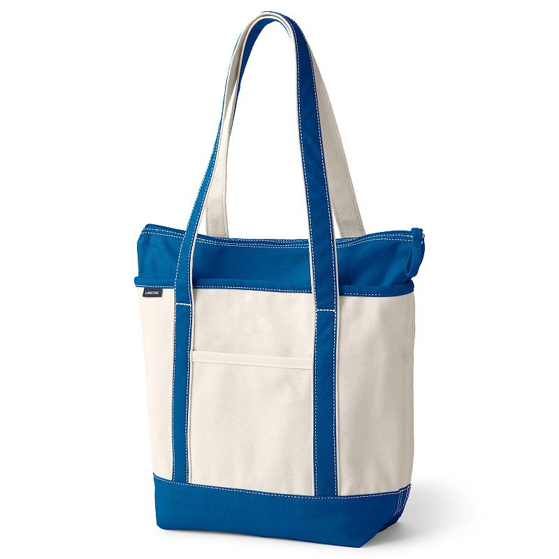 Lands' End Natural Zip Top Medium Long Handle Canvas Tote Bag, Natural Beacon Blue