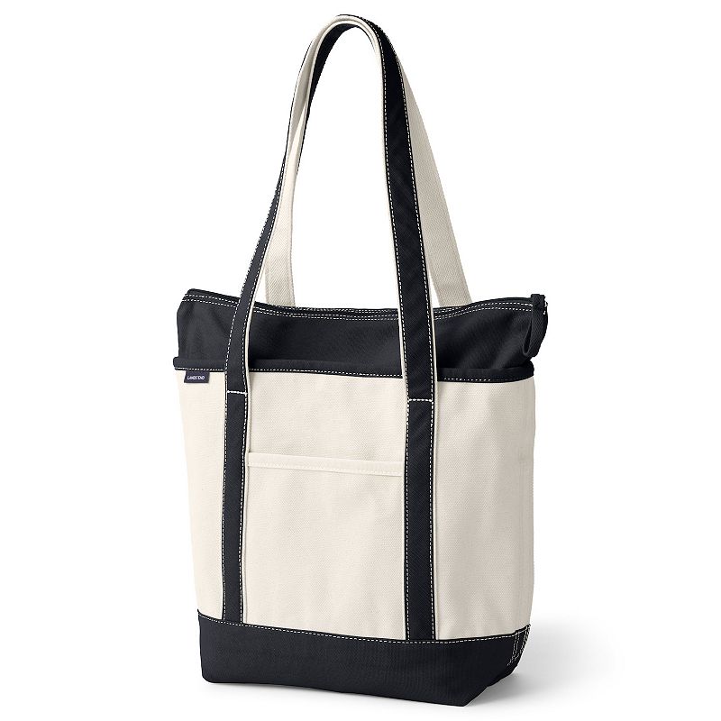 Lands' End Natural Zip Top Medium Long Handle Canvas Tote Bag, Natural Black