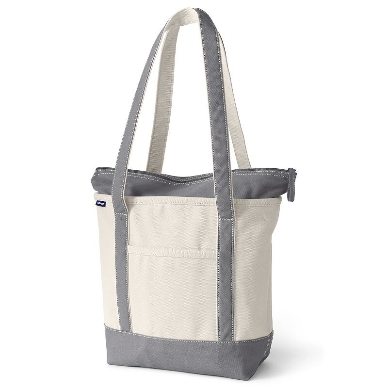 Lands' End Natural Zip Top Medium Long Handle Canvas Tote Bag, Natural Grey