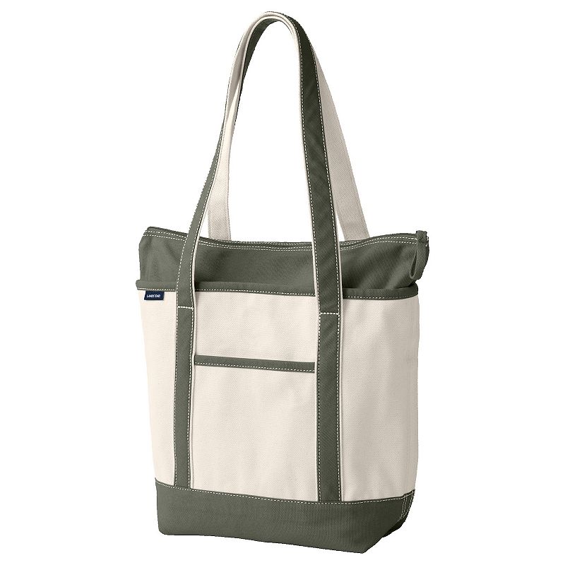 Lands' End Natural Zip Top Medium Long Handle Canvas Tote Bag, Natural Olive Green