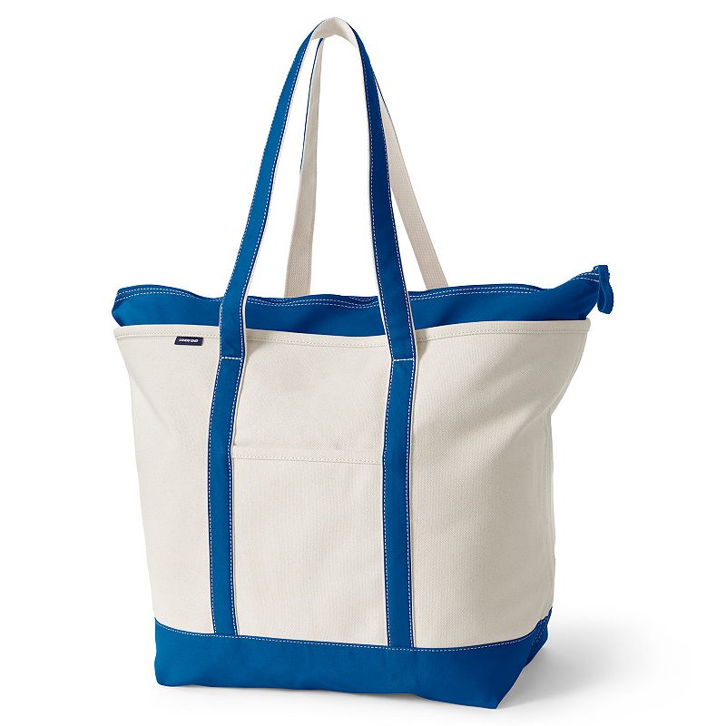 Lands' End Natural Zip Top Extra Large Long Handle Canvas Tote Bag, Size: XL, Natural Beacon Blue