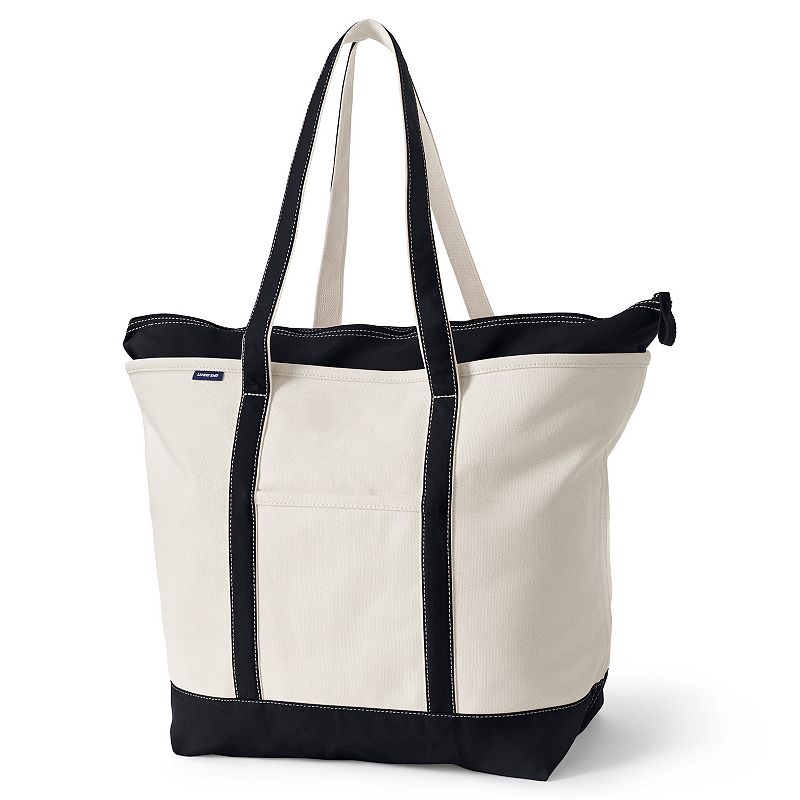 Lands' End Natural Zip Top Extra Large Long Handle Canvas Tote Bag, Size: XL, Natural Black