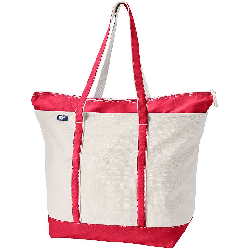 Lands' End Natural Zip Top Extra Large Long Handle Canvas Tote Bag, Size: XL, Natural Heritage Red