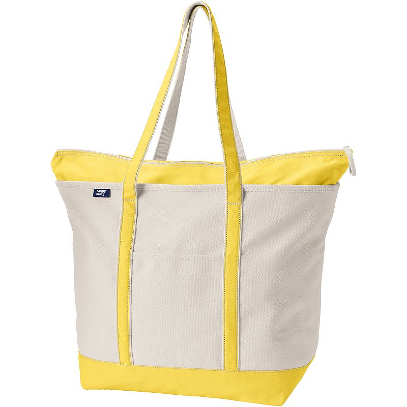 Lands' End Natural Zip Top Extra Large Long Handle Canvas Tote Bag, Size: XL, Natural Yellow