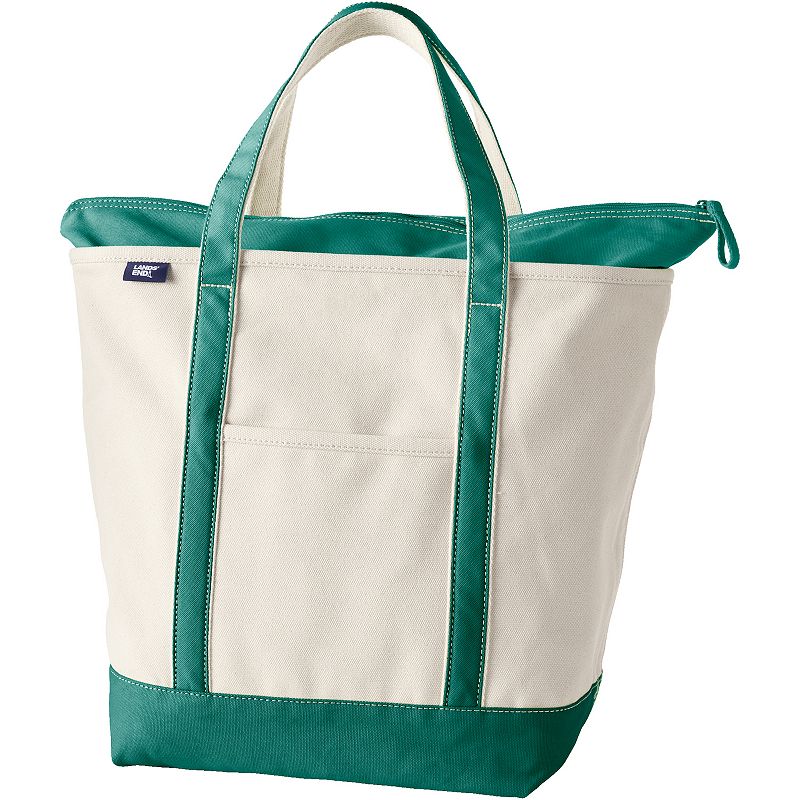 Lands' End Natural Zip Top Large Canvas Tote Bag, Natural Green