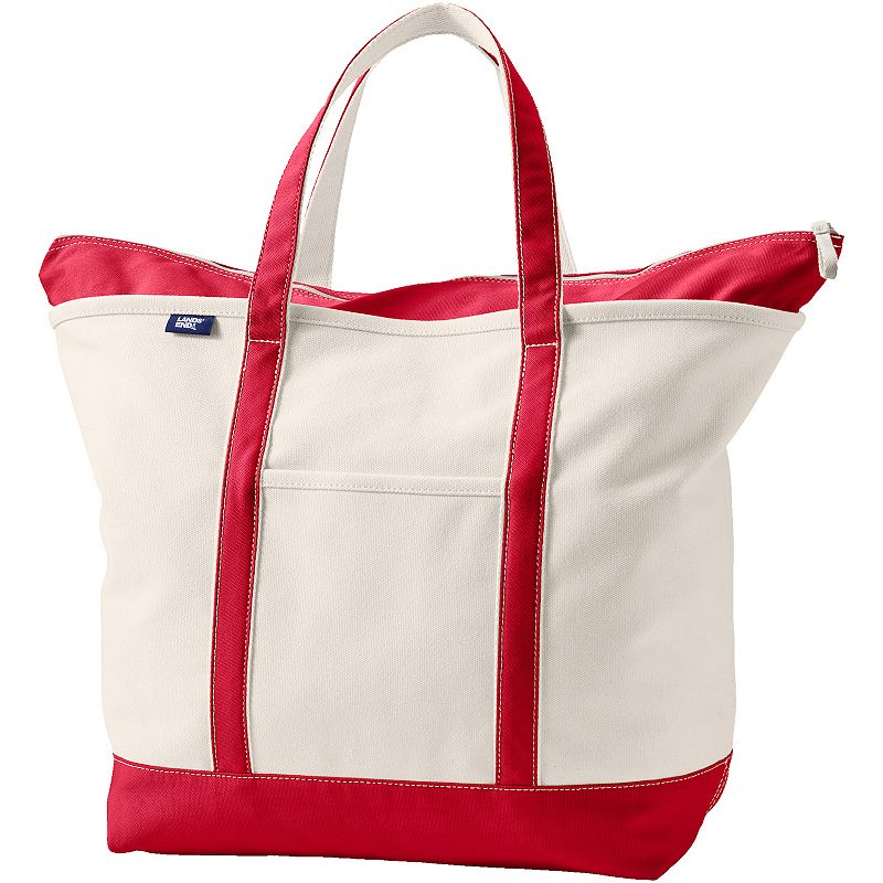 Lands' End Natural Zip Top Extra Large Canvas Tote Bag, Size: XL, Natural Heritage Red