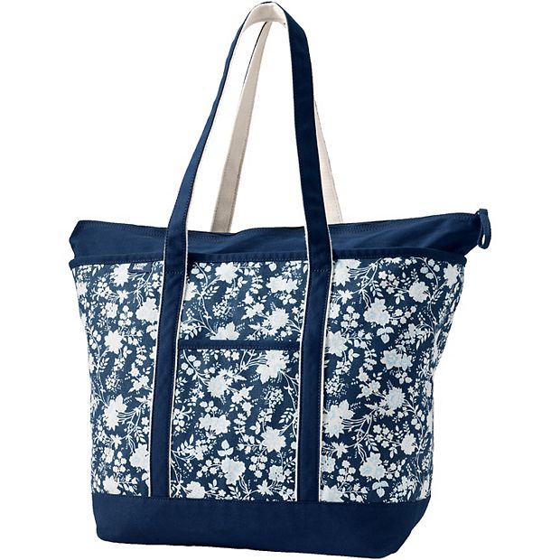 Extra Large Print 5 Pocket Zip Top Long Handle Canvas Tote Bag - Lands' End - Blue