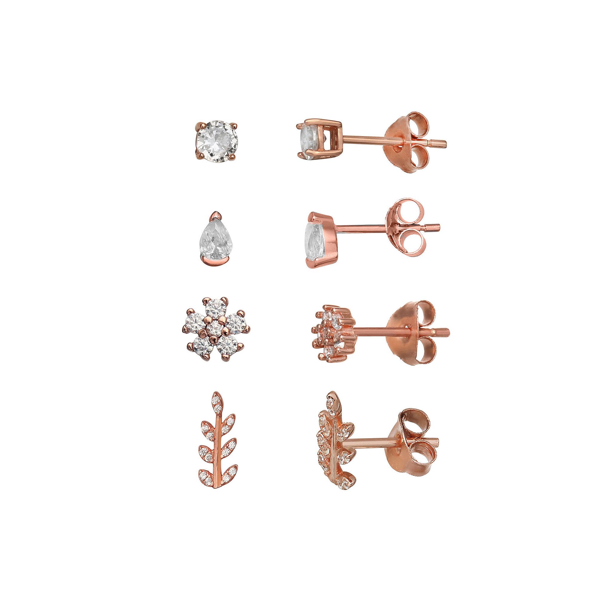 PRIMROSE 4-Pair 18k Gold Over Silver Cubic Zirconia Stud Earring Set, Women