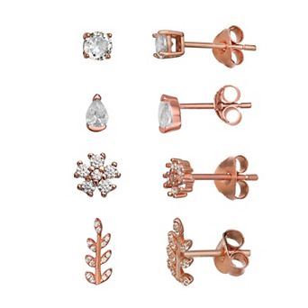 PRIMROSE 4-Pair 18k Gold Over Silver Cubic Zirconia Stud Earring Set