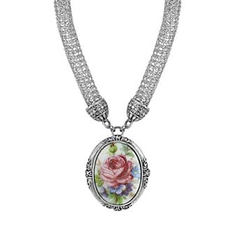 1928 Siver Tone Oval Floral Pendant Necklace with Mesh Chain