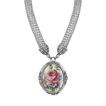 1928 Siver Tone Oval Floral Pendant Necklace with Mesh Chain