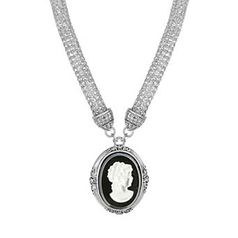 1928 Siver Tone Oval Cameo Pendant Necklace with Mesh Chain