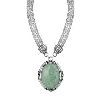 1928 Siver Tone Oval Green Pendant Necklace with Mesh Chain