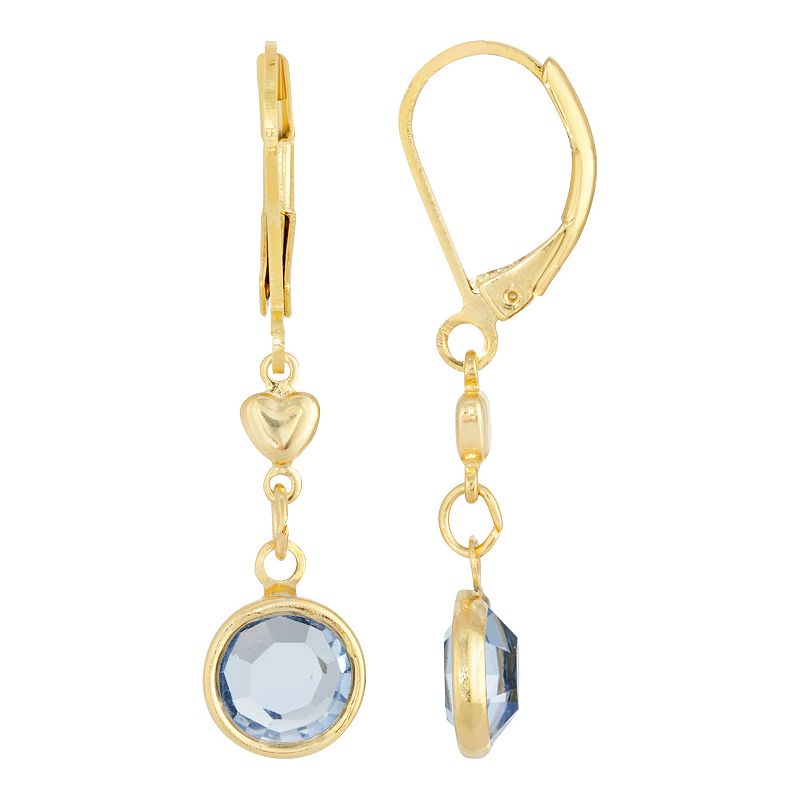 1928 Gold Tone Heart & Simulated Crystal Drop Earrings, Womens, Blue