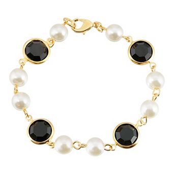 1928 Gold Tone Simulated Pearl & Crystal Chain Bracelet