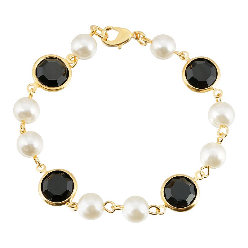 1928 Gold Tone Simulated Pearl & Crystal Chain Bracelet, Womens, Black