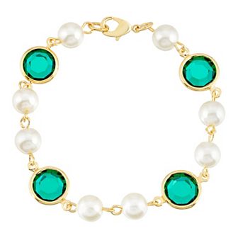 1928 Gold Tone Simulated Pearl & Crystal Chain Bracelet