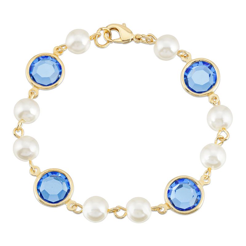 1928 Gold Tone Simulated Pearl & Crystal Chain Bracelet, Womens, Blue