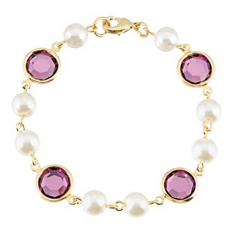 1928 Gold Tone Simulated Pearl & Crystal Chain Bracelet