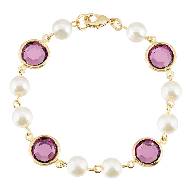 1928 Gold Tone Simulated Pearl & Crystal Chain Bracelet, Womens, Purple