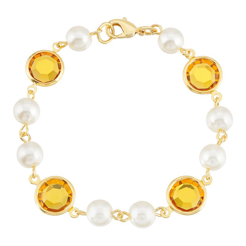 1928 Gold Tone Simulated Pearl & Crystal Chain Bracelet, Womens, Yellow