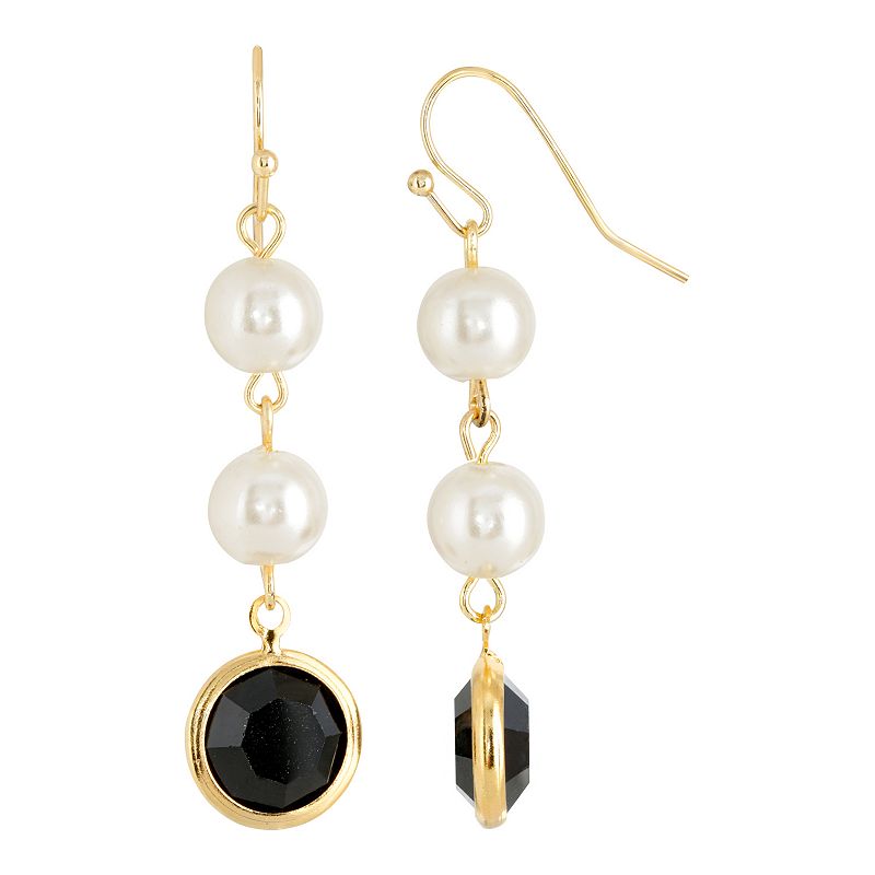 1928 Gold Tone Simulated Pearl & Crystal Drop Earrings, Womens, Black