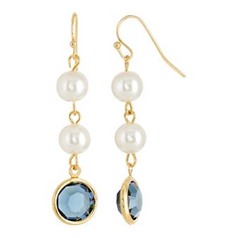 1928 Gold Tone Simulated Pearl & Crystal Drop Earrings