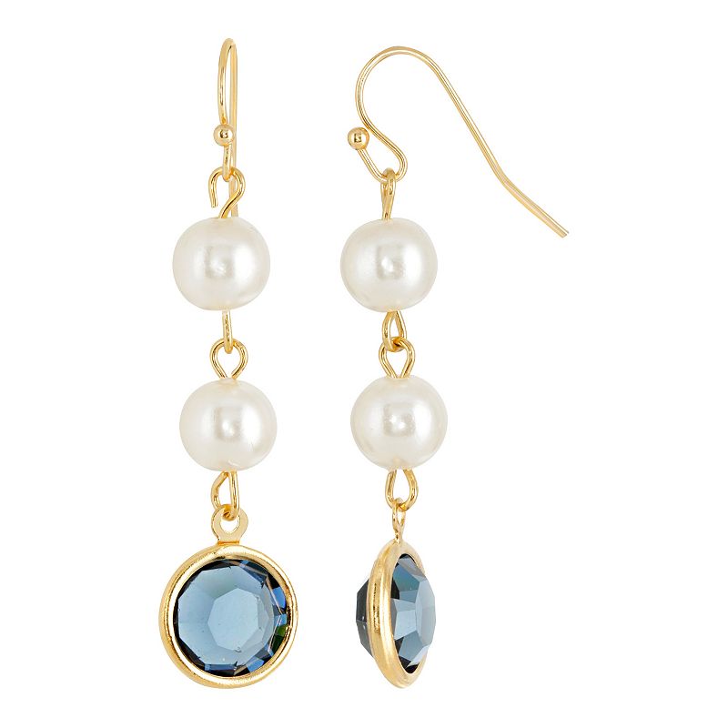 1928 Gold Tone Simulated Pearl & Crystal Drop Earrings, Womens, Blue