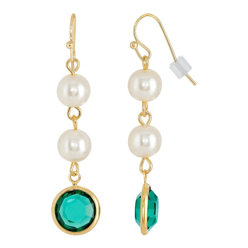 1928 Gold Tone Simulated Pearl & Crystal Drop Earrings, Womens, Green