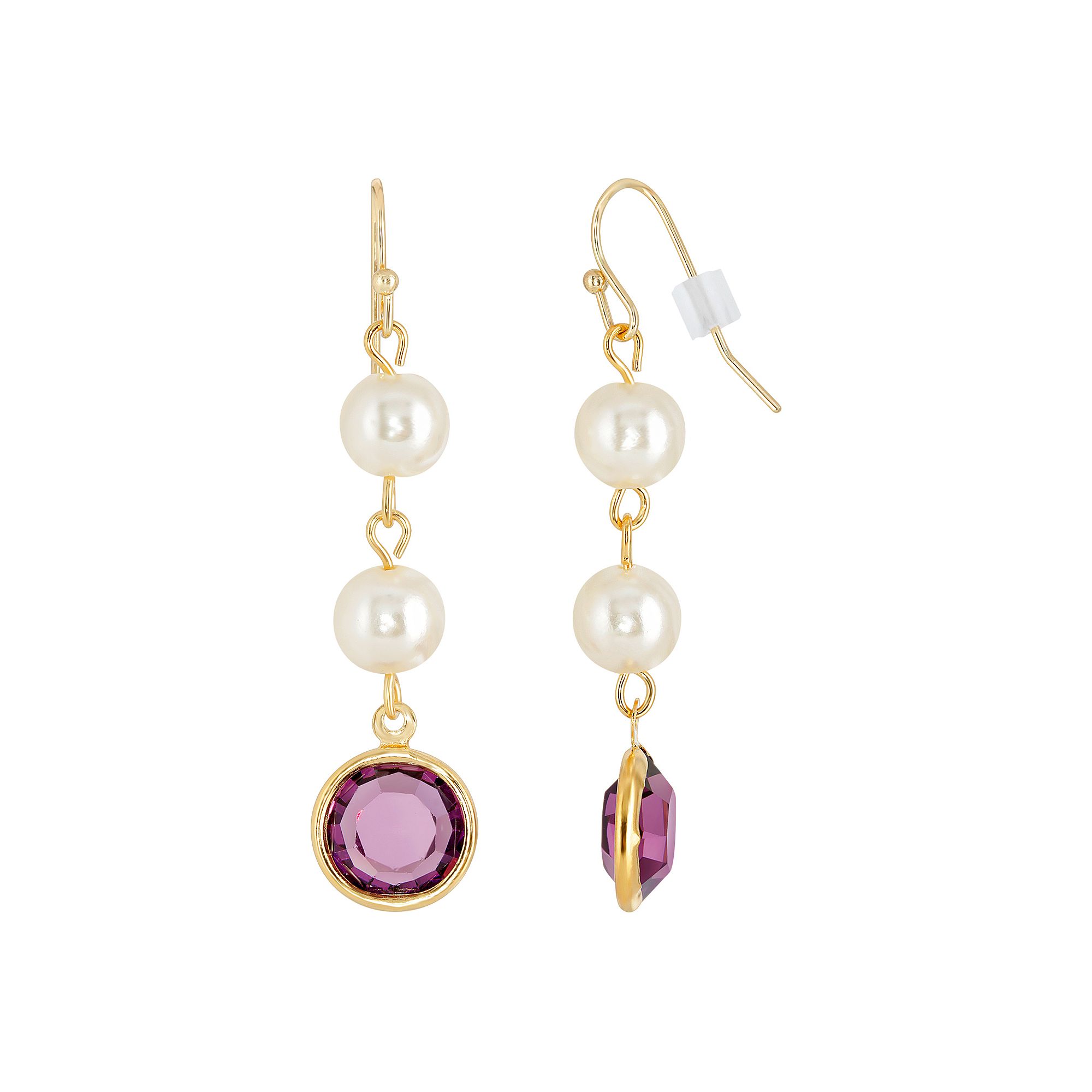 1928 Gold Tone Simulated Pearl & Crystal Drop Earrings, Womens, Purple