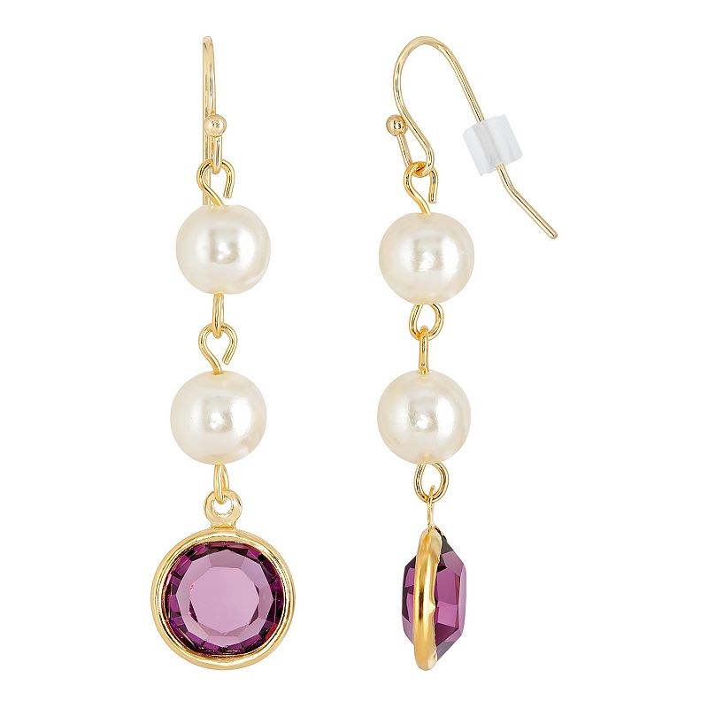 1928 Gold Tone Simulated Pearl & Crystal Drop Earrings, Womens, Purple