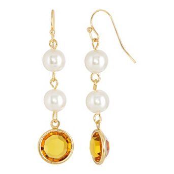 1928 Gold Tone Simulated Pearl & Crystal Drop Earrings