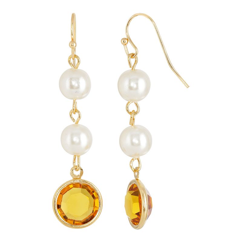 1928 Gold Tone Simulated Pearl & Crystal Drop Earrings, Womens, Yellow
