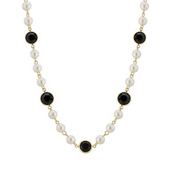 1928 Gold Tone Simulated Pearl & Crystal Strandage Necklace