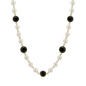 1928 Gold Tone Simulated Pearl & Crystal Strandage Necklace