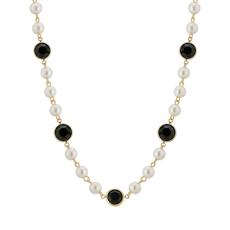1928 Gold Tone Simulated Pearl & Crystal Strandage Necklace, Womens, Black