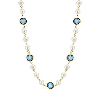 1928 Gold Tone Simulated Pearl & Crystal Strandage Necklace