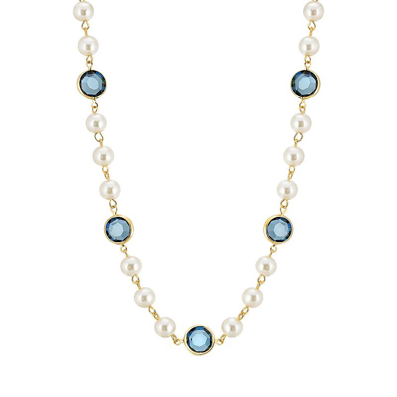 1928 Gold Tone Simulated Pearl & Crystal Strandage Necklace, Womens, Blue