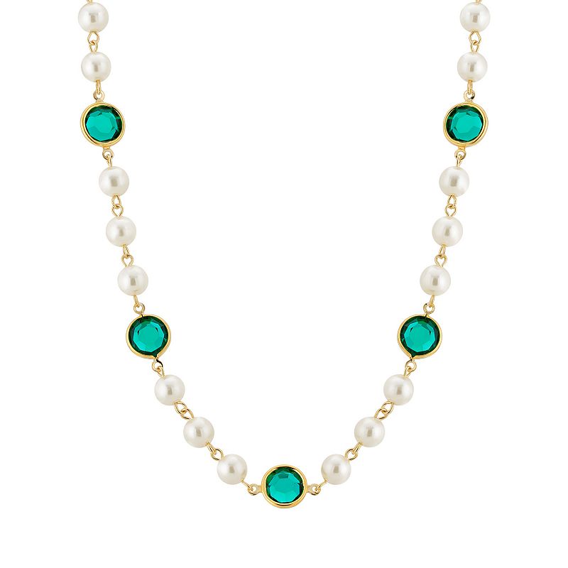 1928 Gold Tone Simulated Pearl & Crystal Strandage Necklace, Womens, Green