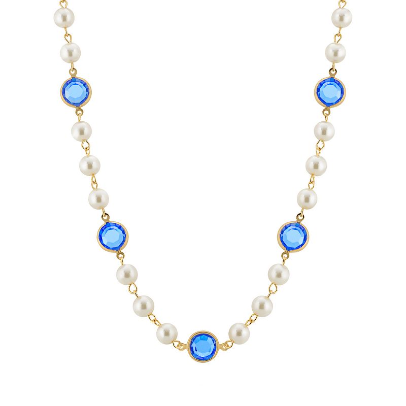 1928 Gold Tone Simulated Pearl & Crystal Strandage Necklace, Womens, Blue