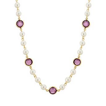 1928 Gold Tone Simulated Pearl & Crystal Strandage Necklace