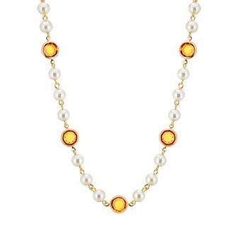 1928 Gold Tone Simulated Pearl & Crystal Strandage Necklace